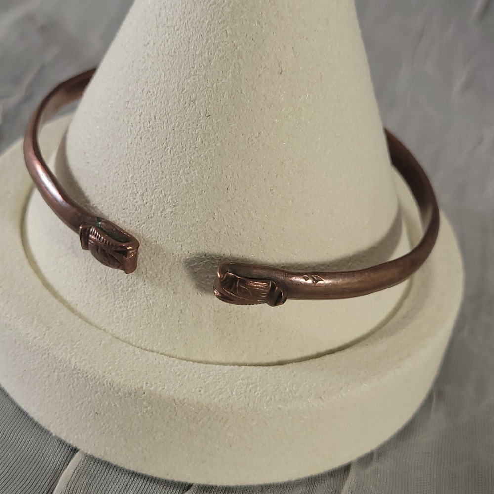 Copper Cuff Bracelet Unisex 2.5in Rose Gold Figural Terminals Rustic Boho